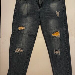 Distressed Blue Jeans with Yellow Accents
